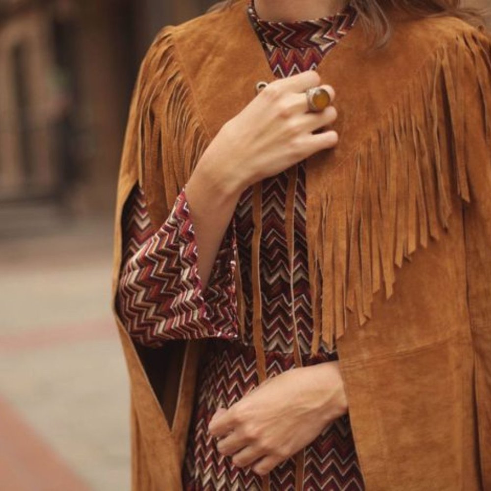 Zara Fringe Brown Leather Cape Size M